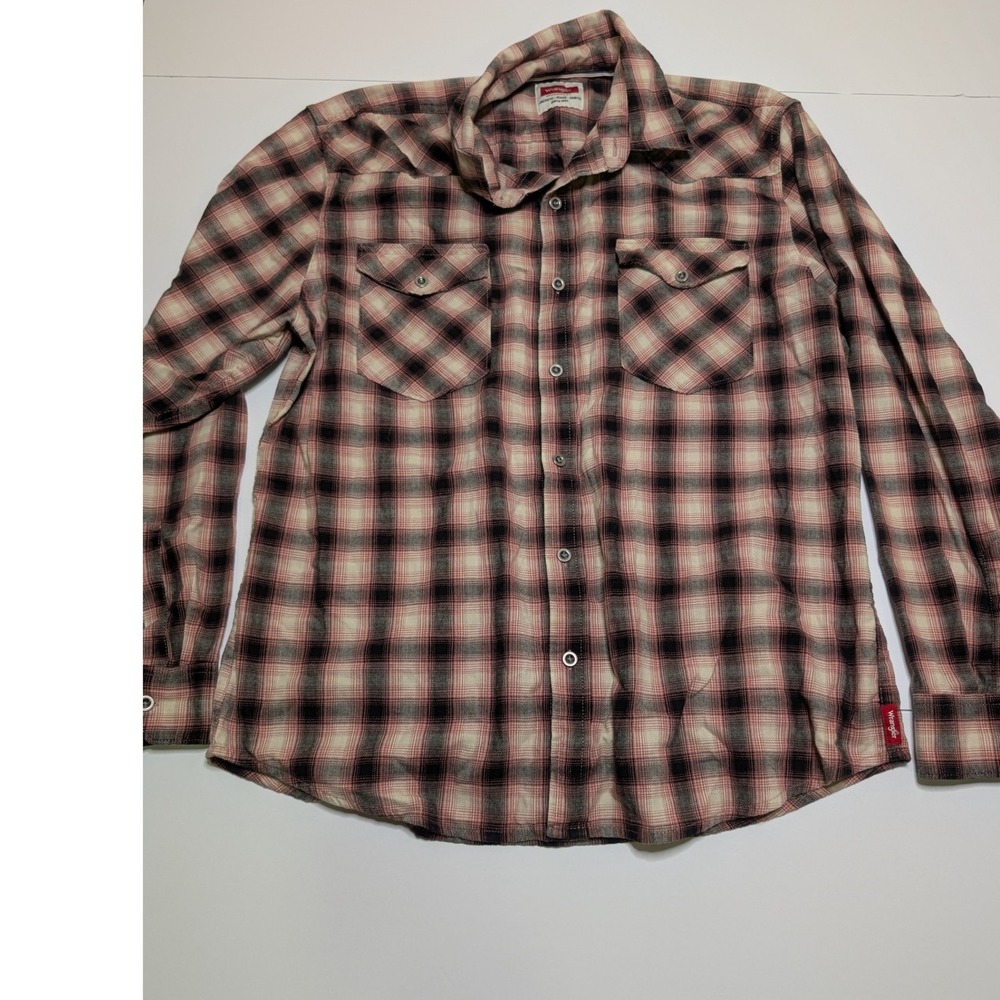 Wrangler Mens Red Black Plaid Flannel Western Button Down Shirt Large L Long Slv